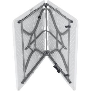 Zusammengeklappter, weißer Lifetime Klapptisch (183x76 cm) mit Stahlrahmen für platzsparende Aufbewahrung.