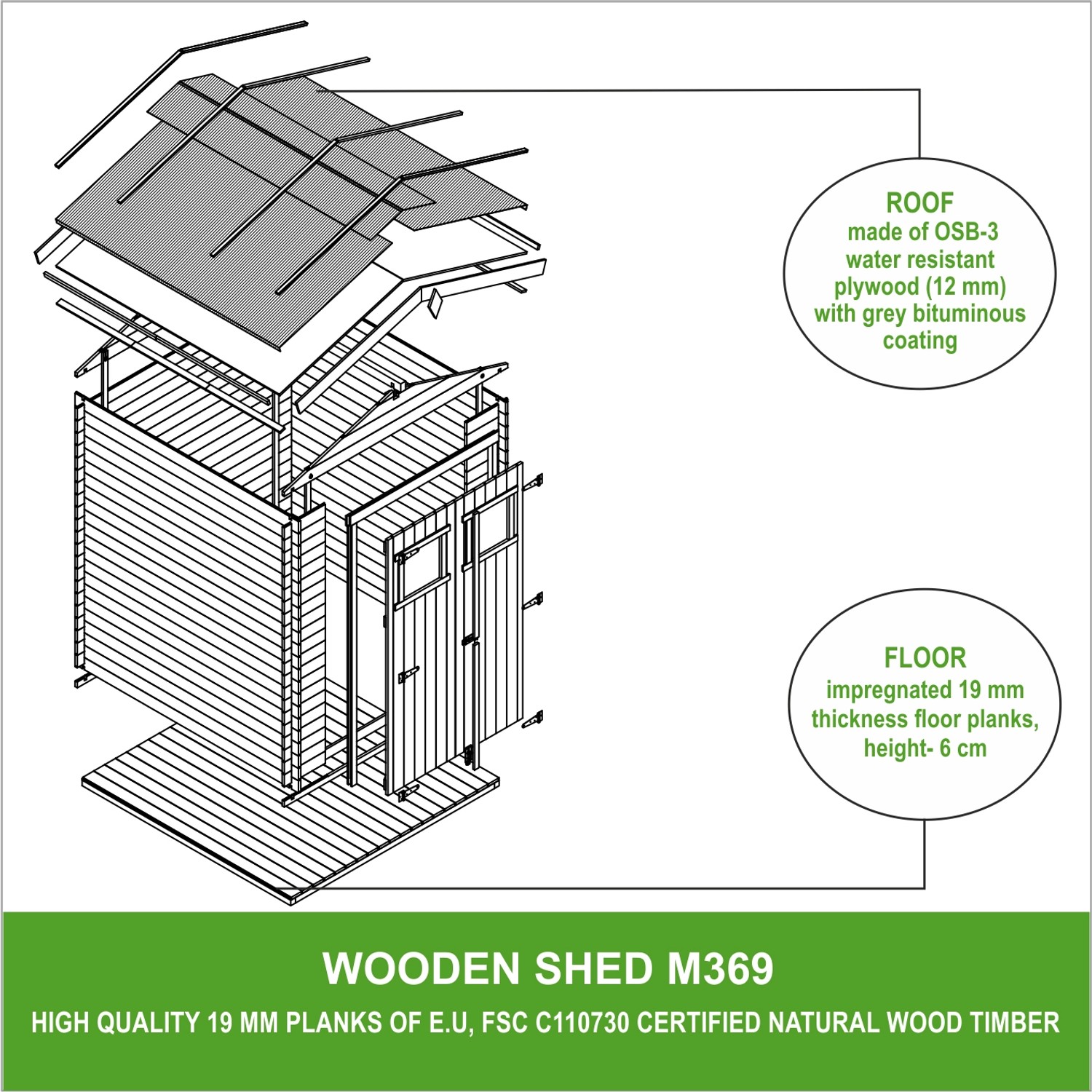 Skizze: Timbela Gartenhaus M369+M369G mit Boden, Holz-Gartenhaus Konstruktion mit Dach und Boden