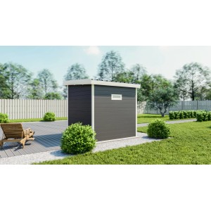 Modernes, anthrazitfarbenes Elephant WPC Gartenhaus mit Flachdach im Garten.