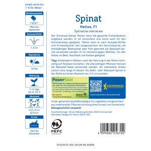 Kiepenkerl Spinat "Helios" Samenpackung mit Anbauhinweisen und Erntezeitraum.