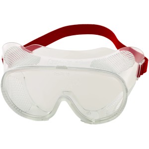 Vollsicht-Schutzbrille mit transparenten Polycarbonat-Scheiben und rotem Gummiband.