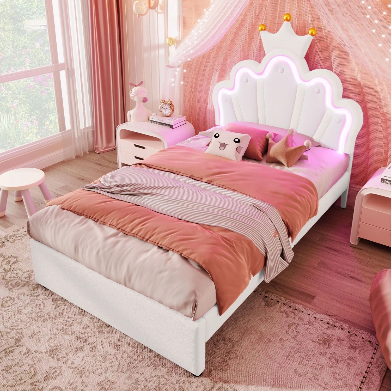 okwish Polsterbett 90x200cm mit LED Licht Schubladen Weiß ohne Matratze_4