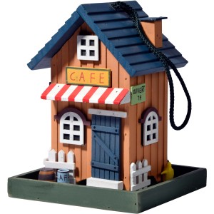 Buntes Vogelfutterhaus aus Holz im Design eines kleinen Cafés mit Kordel zum Aufhängen.