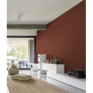 Wohnraum mit roter Marburg Vliestapete Fischgrät in Holzoptik.