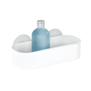 Wenko Wandablage Osimo, weiße Kunststoff-Ablage mit Saugnapf-Befestigung und blauer Flasche.