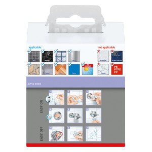 Verpackung des Tesa Moon Bademantelhaken in Graphit mit Montageanleitung.