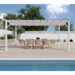 Weißer Pavillon Pergola Gazebo Florenz mit Sonnensegel und Esstisch am Pool.