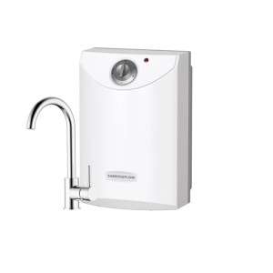 Thermoflow Untertischspeicher 10L mit Niederdruckarmatur Ovalis, weiß. Warmwasserspeicher für Küche/Bad.