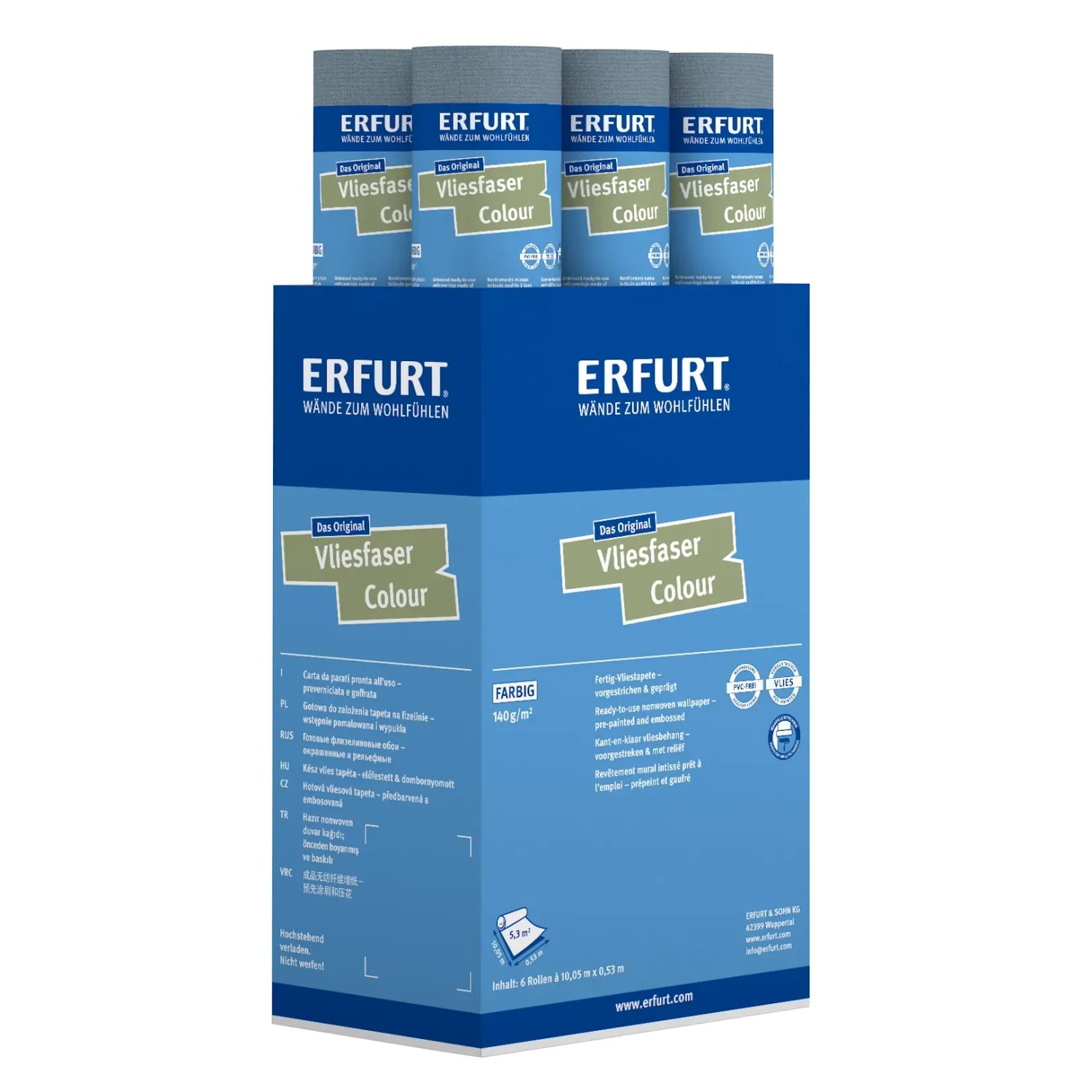 Erfurt Vliesfaser Colour 302-6 Blau, Rollen in Verpackung. Dekorative Vliestapete für ein schönes Zuhause.