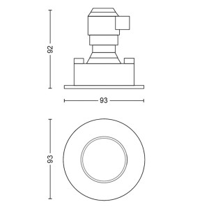 Skizze: Philips Hue Adore LED-Einbauspot, Maße 92x93mm, für Bad, Silber.