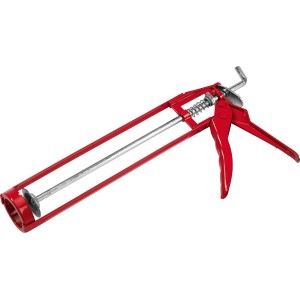 Rote Skelett-Kartuschenpresse aus Werkzeugstahl zum Auftragen von Dichtstoffen.