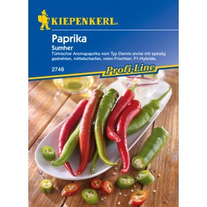 Paprika Sumher F1 Samen: Spitzpaprika, rot und grün, auf Teller. Gemüsesamen für mittelscharfe, türkische Aromapaprika.