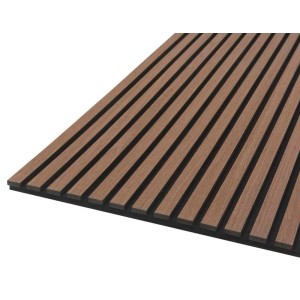 Akustikpaneel Decor Walnuss. Braune Holzlamellen auf dunkler Platte. Stilvolle Wandverkleidung.