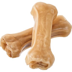 Zwei helle Primox Kauknochen, 21 cm, aus Rinderhaut für Hunde.