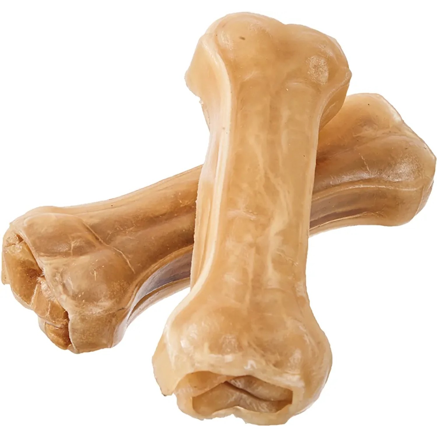 Zwei helle Primox Kauknochen, 21 cm, aus Rinderhaut für Hunde.