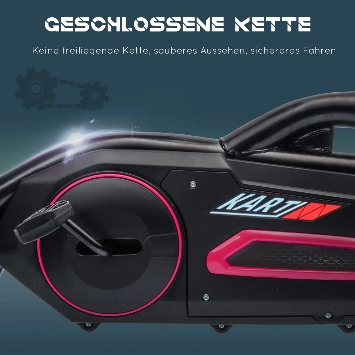 HOMCOM Go-Kart: Geschlossener Kettenantrieb in Schwarz mit pinken Akzenten für sicheres Fahren.