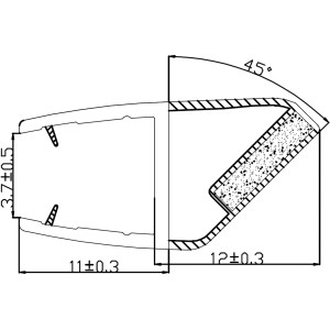 Technische Zeichnung: Magnetdichtung für Eckduschkabine, 4mm Glas, Maße und Winkelangaben.