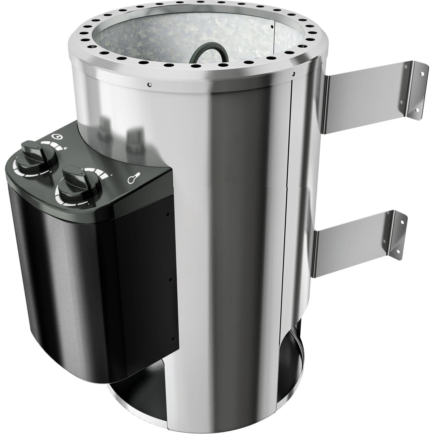 Detailaufnahme des Saunaofens für Karibu Sauna Livia, integrierte Steuerung und LED-Dachkranz.