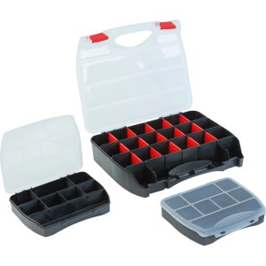 3-teiliges Organizer-Set zur Aufbewahrung von Kleinteilen, mit transparenten Deckeln und Fächern.