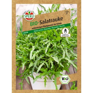 Samenpackung Sperli Bio-Salatrauke mit gewellten Blättern in Topf, geeignet für Kübel.