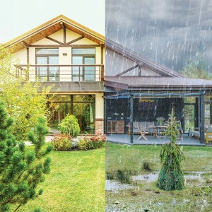 Haus mit Philips Solar-Wandleuchte im Trockenen und im Regen. Solarleuchte spendet Sicherheit.