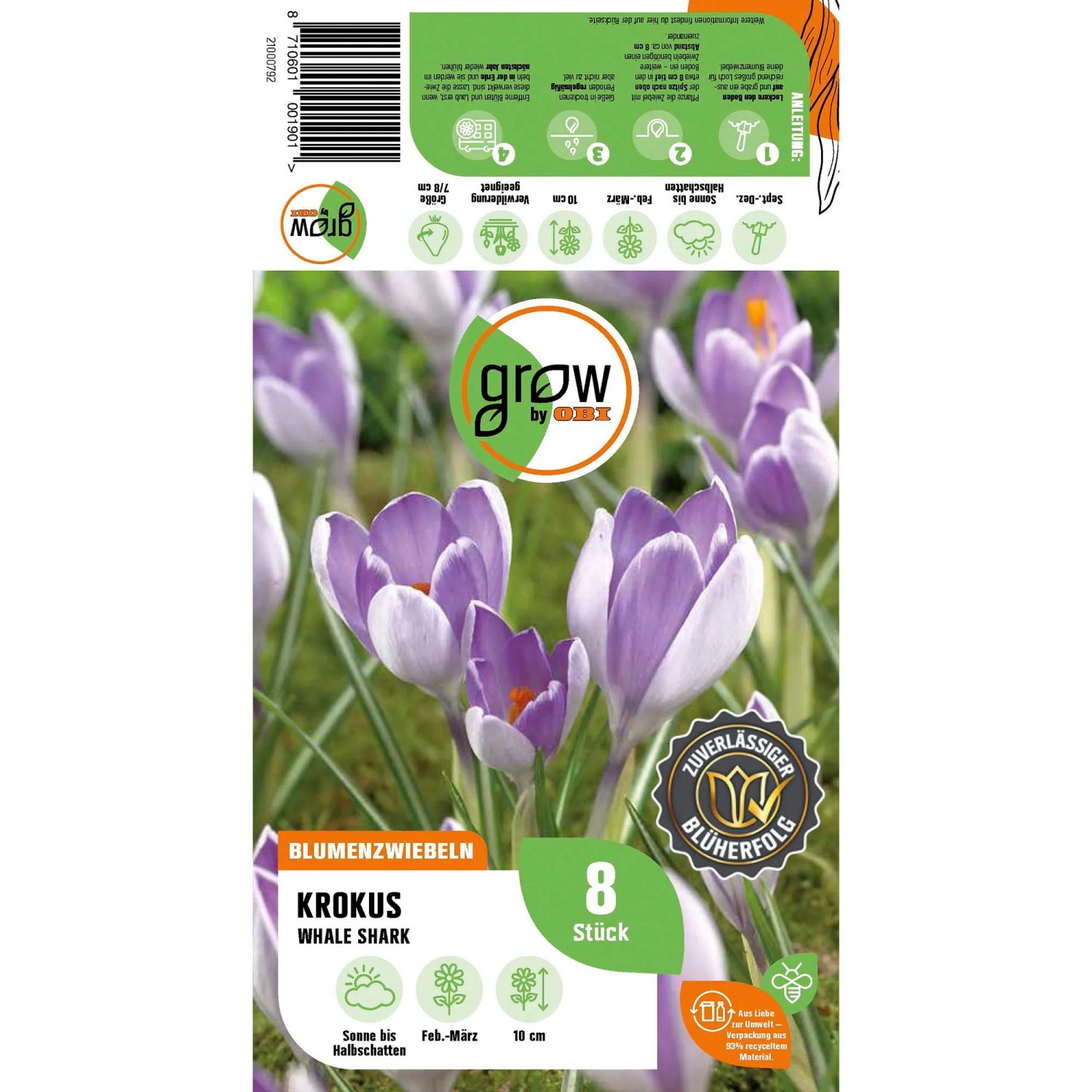 Verpackung GROW by OBI Krokus Whale Shark, 8 Stück, lila-weiße Blüten.