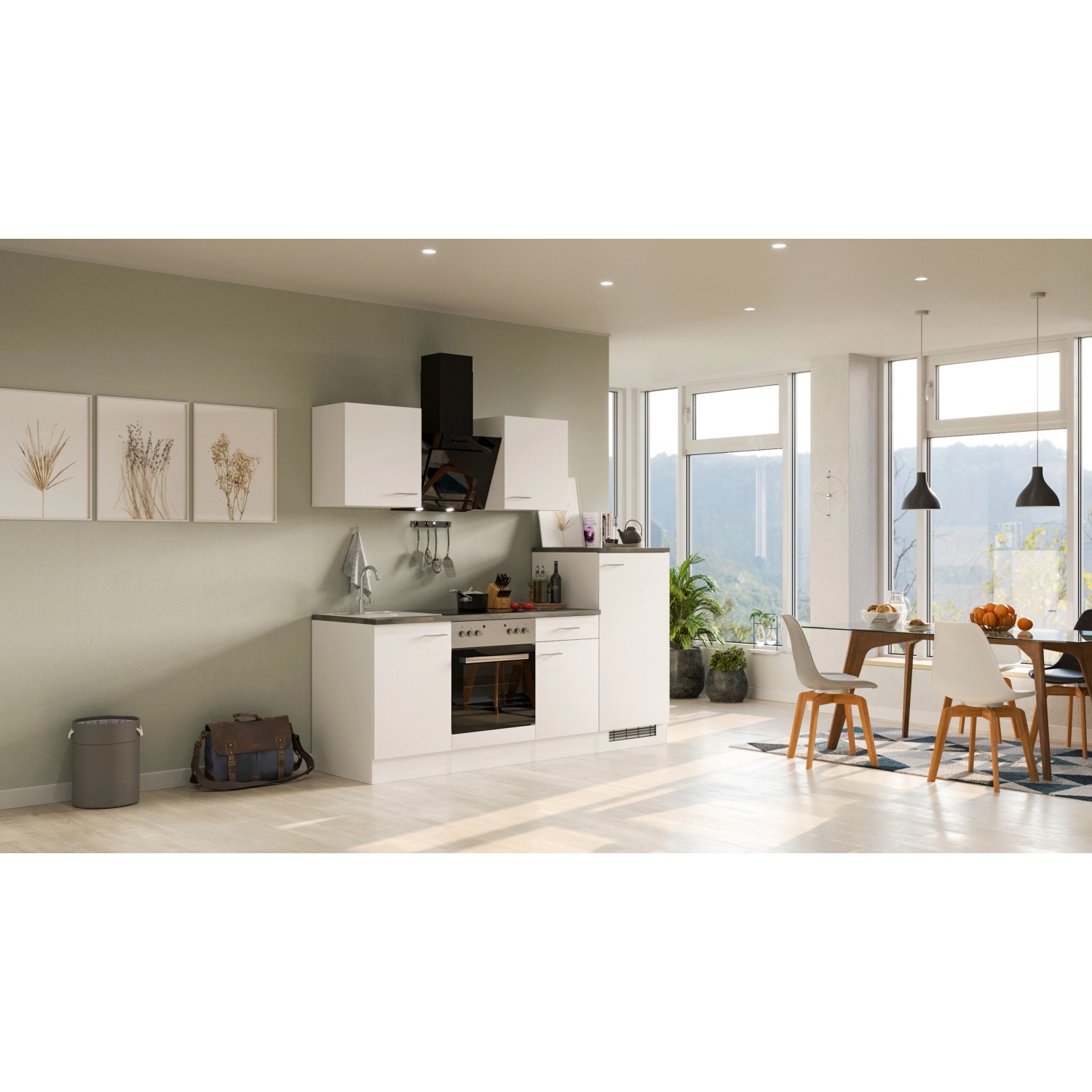 Flex-Well Küchenzeile Lucca, 220 cm, Weiß matt mit E-Geräten und Arbeitsplatte Caledonia Dekor.