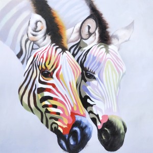 Kayoom Ölgemälde Steppe I, 80x80 cm: Handgemaltes Bild mit zwei bunten Zebras Kopf an Kopf.