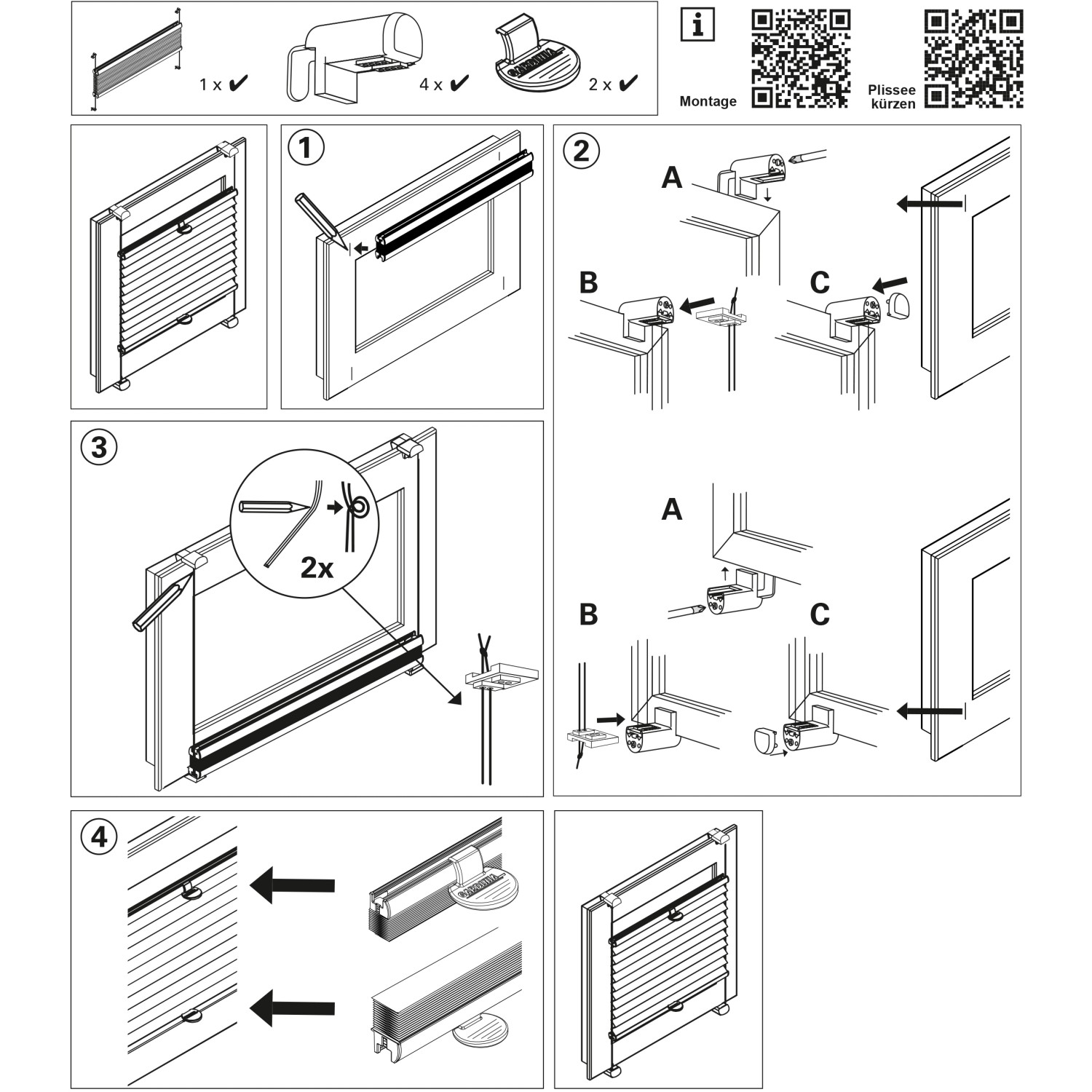 Montageanleitung für Gardinia Easy Fix Plissee, weiße Ausführung mit zwei Bedienschienen.