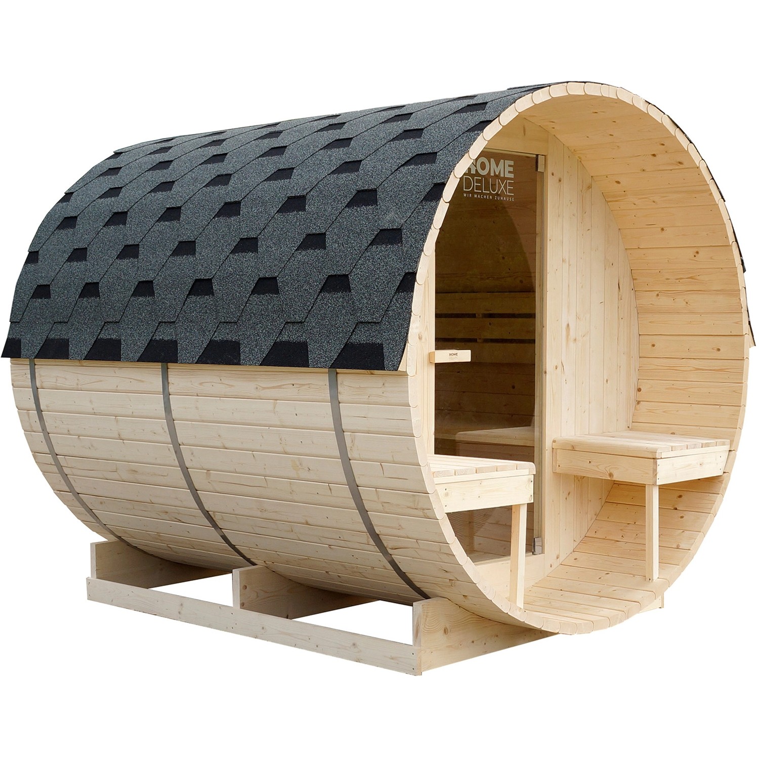 Home Deluxe Fasssauna Lahti Deluxe L mit Ofen, aus Fichtenholz mit grauer Dachpappe und Sitzplätzen.