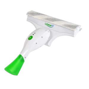 Weißer, kabelloser Technaxx Fenstersauger LX-066 mit grünem Griff für streifenfreie Fensterreinigung.
