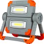 Grau-orange LED-Arbeitsleuchte mit Akku, Powerbank und USB-Kabel. Klappbarer LED-Baustrahler.