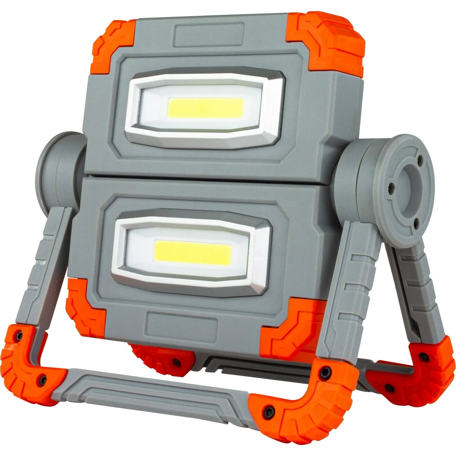 Grau-orange LED-Arbeitsleuchte mit Akku, Powerbank und USB-Kabel. Klappbarer LED-Baustrahler.