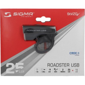 Sigma Roadster USB Batteriescheinwerfer für Fahrräder, 25 Lux, werkzeuglose Montage.