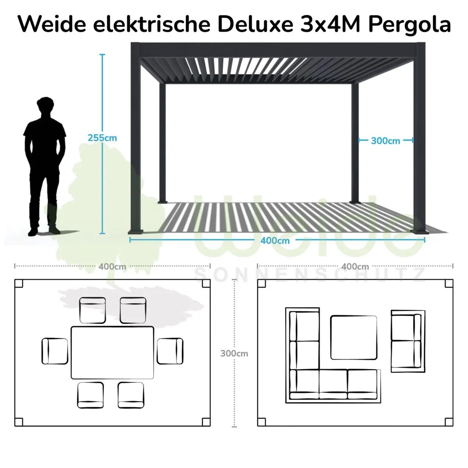 Techn. Zeichnung: Weide Deluxe Plus Pavillon 3x4m, elektr. Lamellendach, Aluminium, LED. Zeigt Maße & Nutzungsideen.