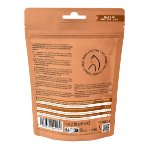 Catz Finefood Meatz Ente, 45g Katzen-Ergänzungsfutter, gegrillte Fleischstreifen im geöffneten, braunen Beutel.