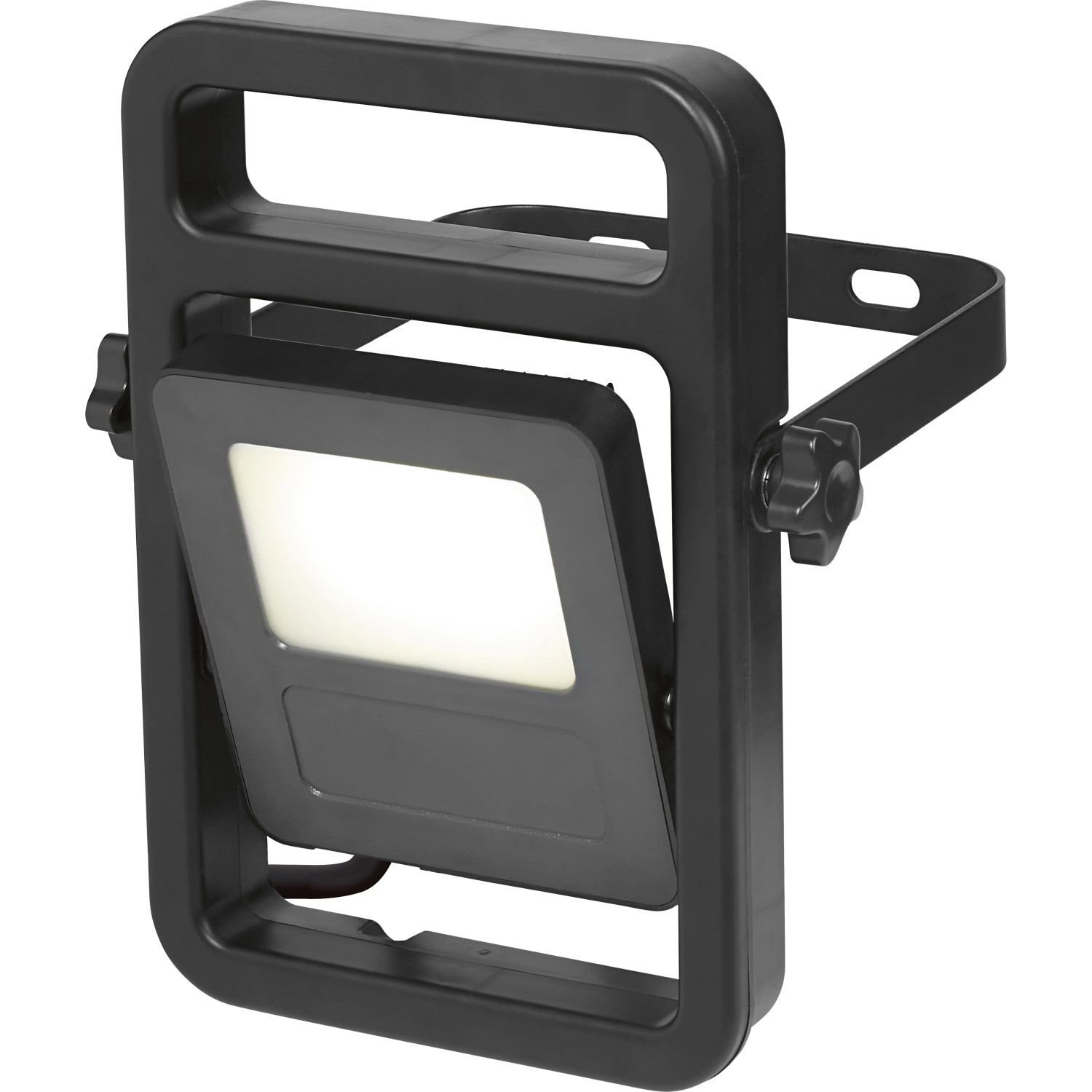 Schwarzer LED-Baustrahler mit Tragebügel, 20W, für Innen- und Außenbereich.