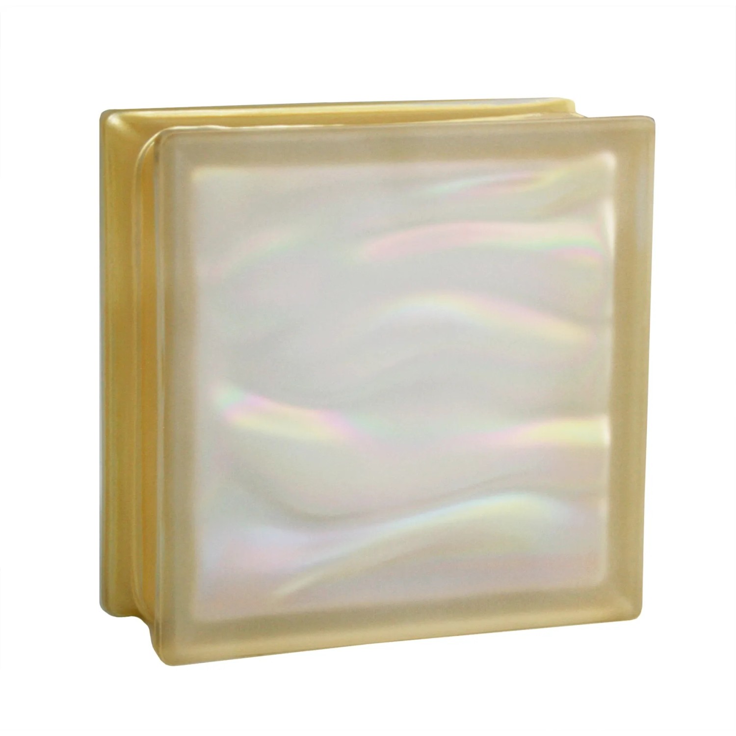 Glasbaustein Aqua Perlmutt Gold, 19x19x8 cm, einseitig satiniert für Innen- & Außenbereich.