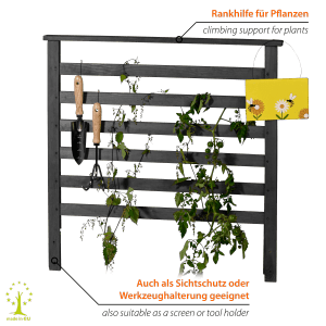 Anthrazitfarbener Dobar Rankgitter-Aufsatz Magic Kubus 2.0 für Hochbeete mit Pflanzen und Gartengeräten.