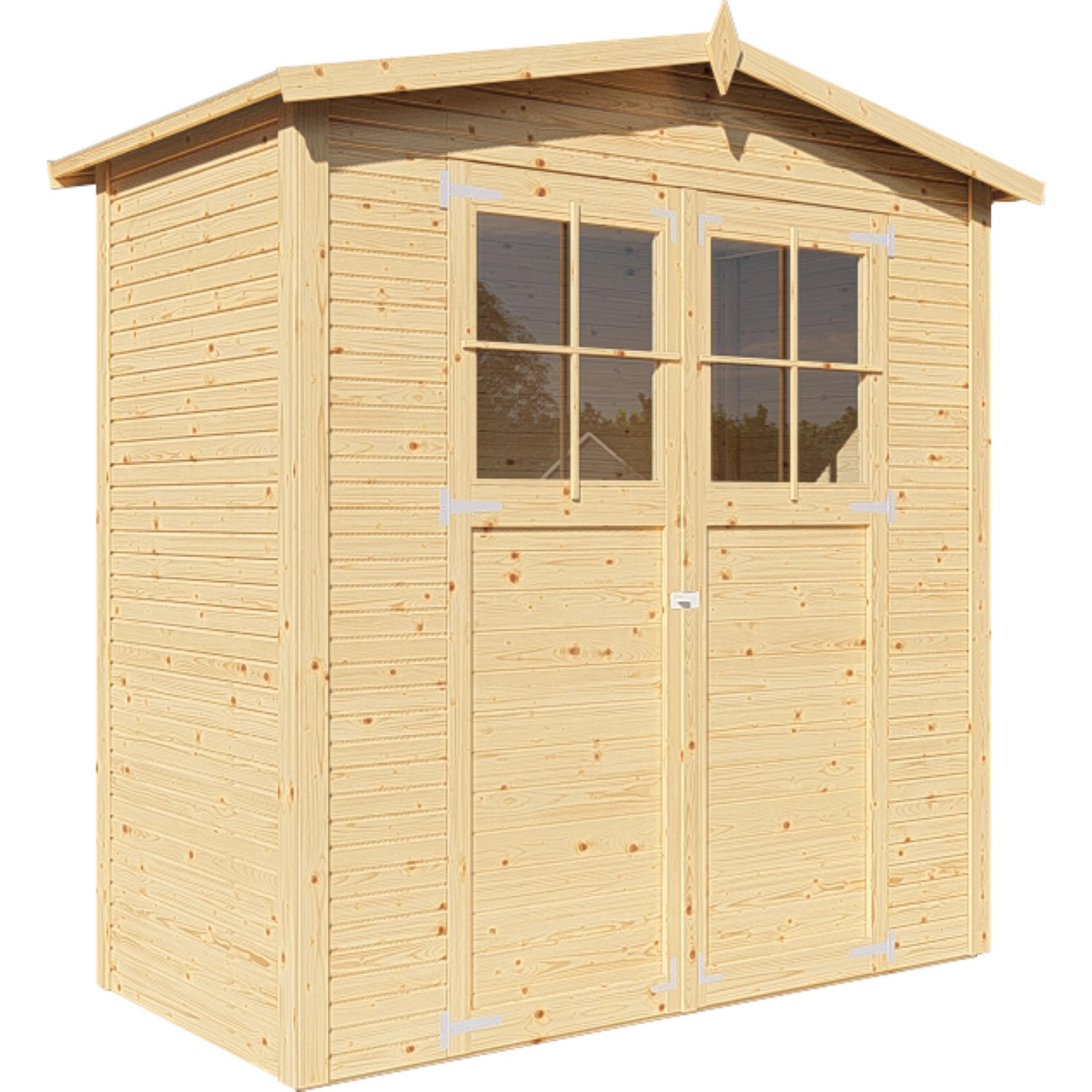 Bertilo Gerätehaus aus Holz, naturbelassen, mit Doppeltür und Fenstern.