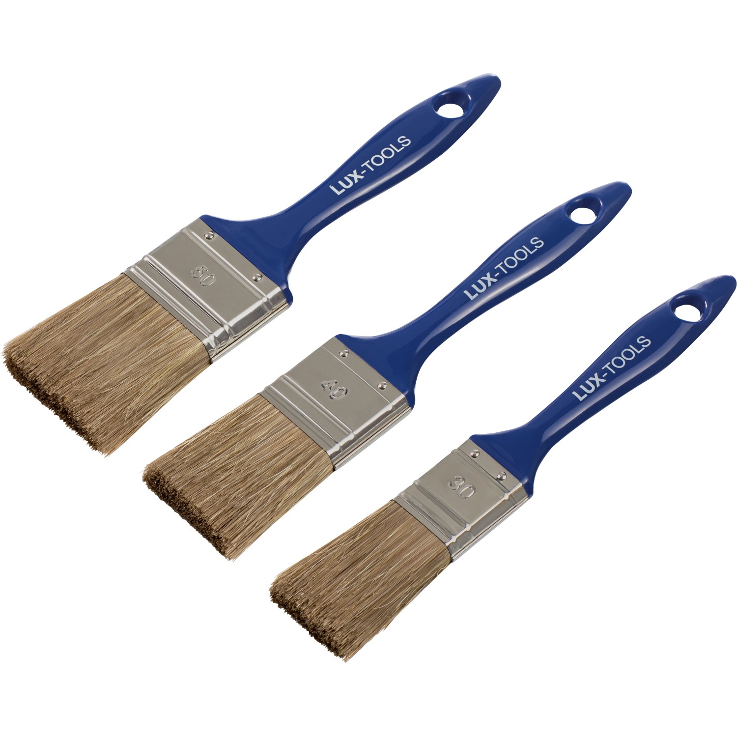 LUX Flachpinsel-Set Lasur, 3-teilig: Pinsel in 30, 40 und 50 mm Breite mit blauem Griff.