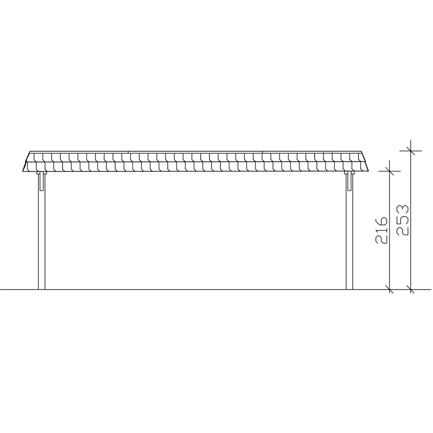Technische Zeichnung: Skan Holz Doppelcarport Wendland, Eiche hell, mit Höhenangaben.