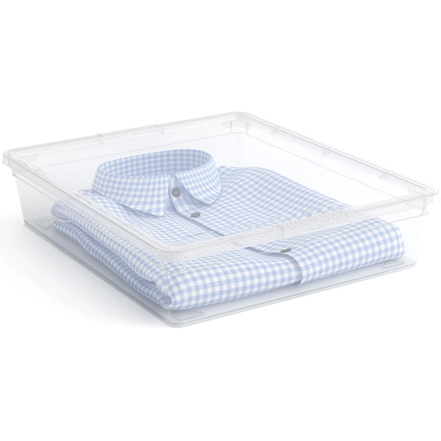 Transparente Aufbewahrungsbox C Flat mit Deckel, gefüllt mit Hemden. Ideal zur Lagerung und Organisation.