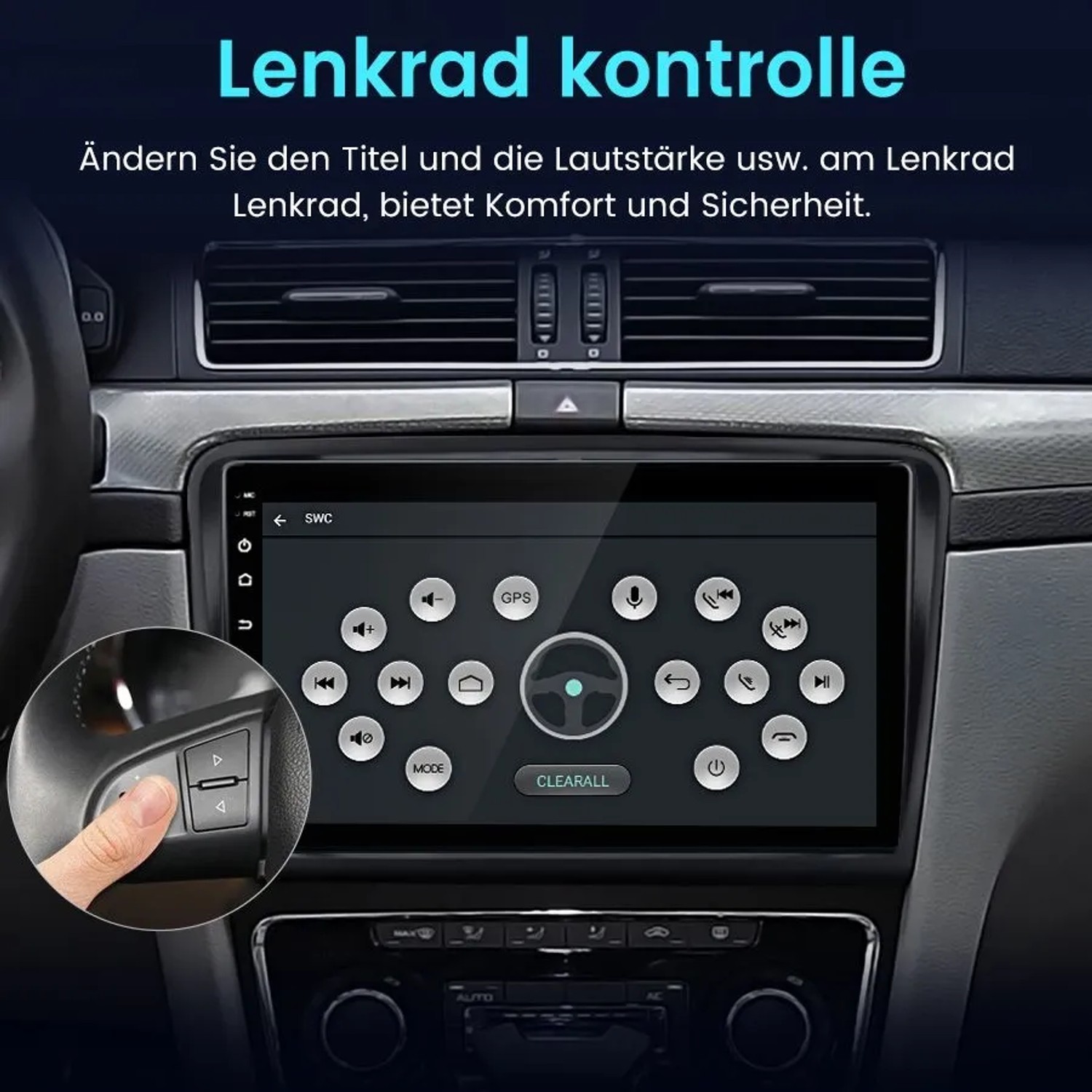 Junsun 10 Zoll Autoradio im Skoda Superb 2. Display zeigt Lenkradsteuerung, Hand bedient Tasten für Navigation, Musik.