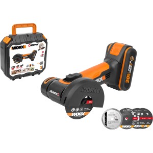 Worx Akku-Mini-Winkelschleifer WX801 mit Akku, Ladegerät, Trenn- und Schleifscheiben im Set.