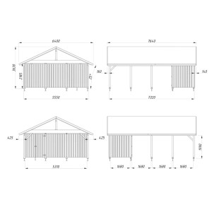 Technische Zeichnung: Palmako Carport Robert mit Geräteraum, Maße und Ansichten.