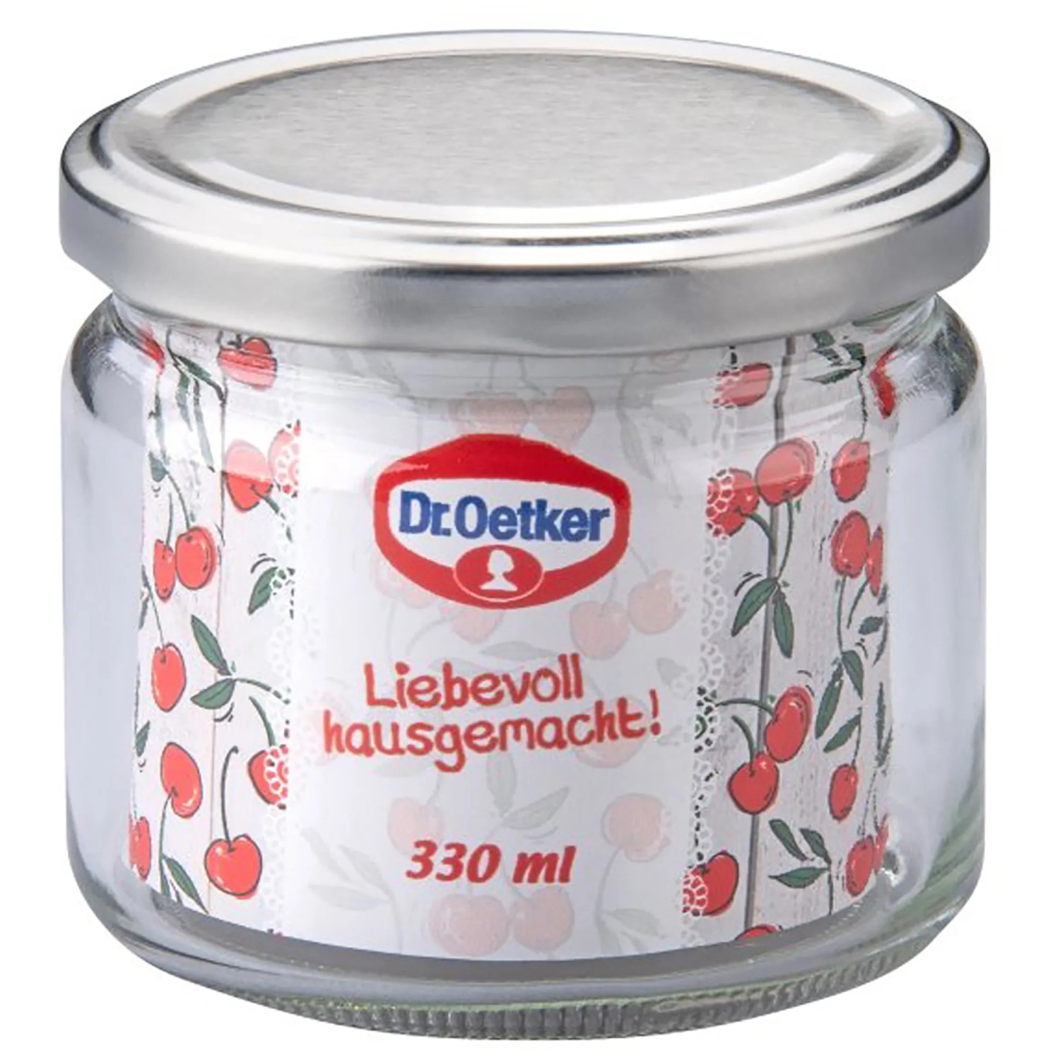 Dr. Oetker Einmachglas, 330 ml, transparent mit silbernem Deckel und Kirschdekor.