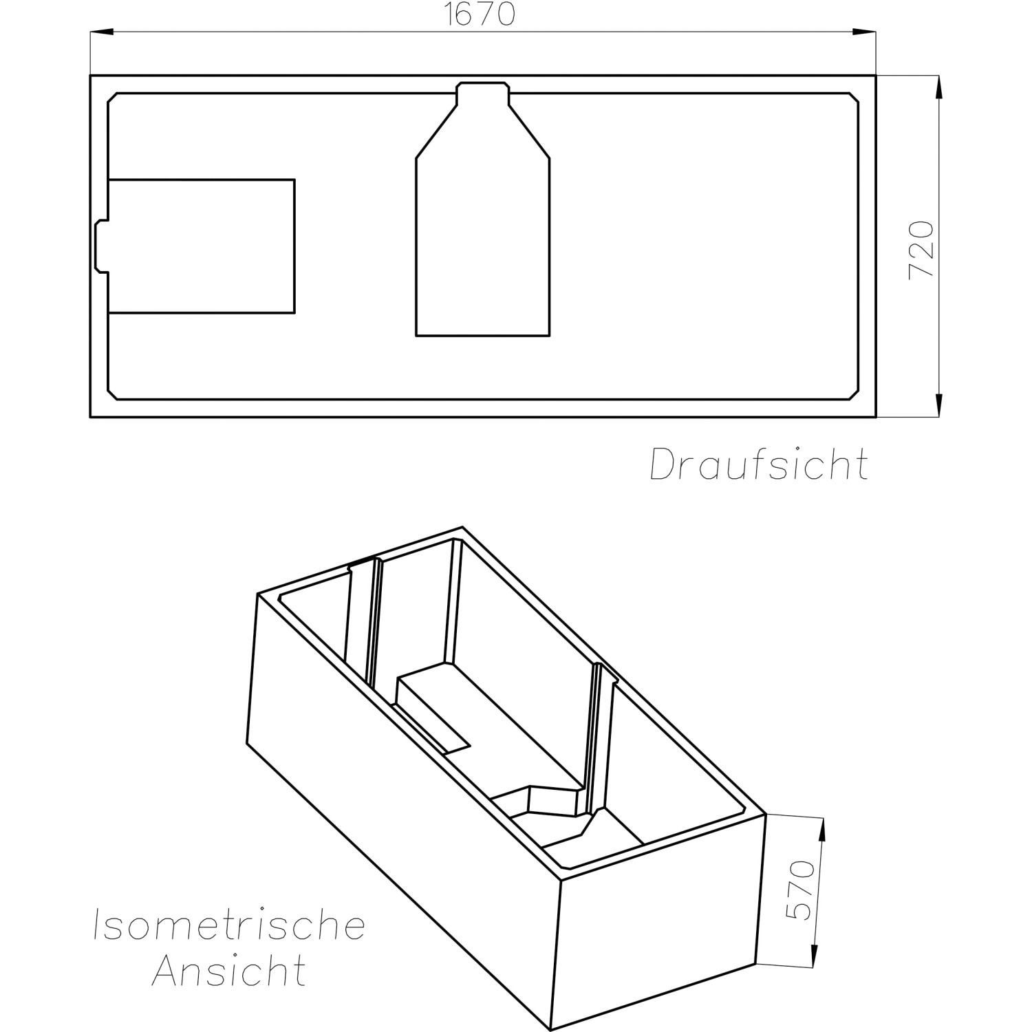 Technische Zeichnung Ottofond Wannenträger Rosa 170x75 cm, Draufsicht und isometrische Ansicht mit Maßen.