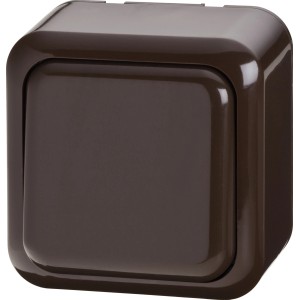 Brauner Aus-/Wechselschalter für Aufputzmontage, Detailansicht.