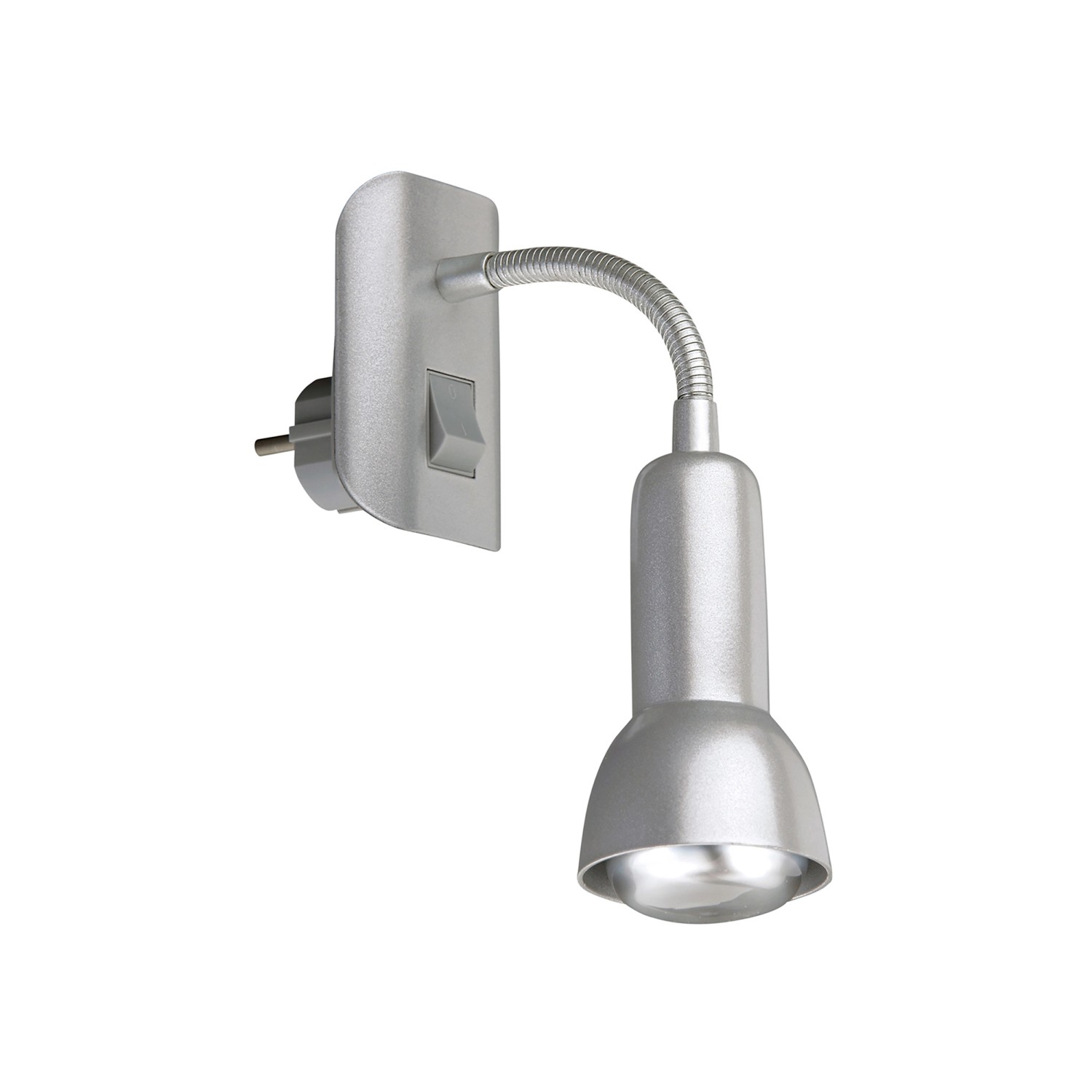 Titanfarbene Briloner Steckerleuchte Paku mit schwenkbarem Arm, ideal als Leselampe.